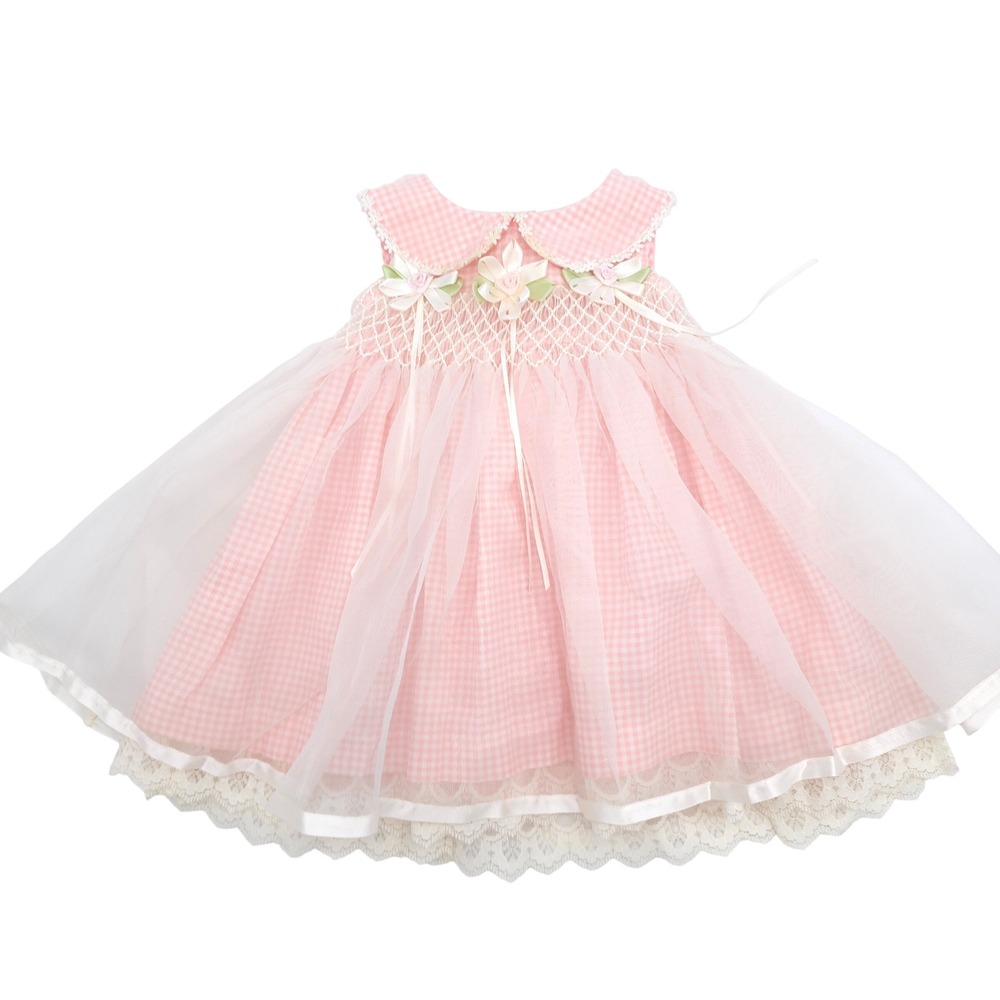 Vintage Bonnie Baby Pink Gingham Smocked Tulle Lace Dress Baby Girl 3-6 Months